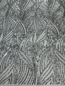 Geometric Feather wing shiny sequin design on a 4 way stretch mesh Fabric-sold by the yard.