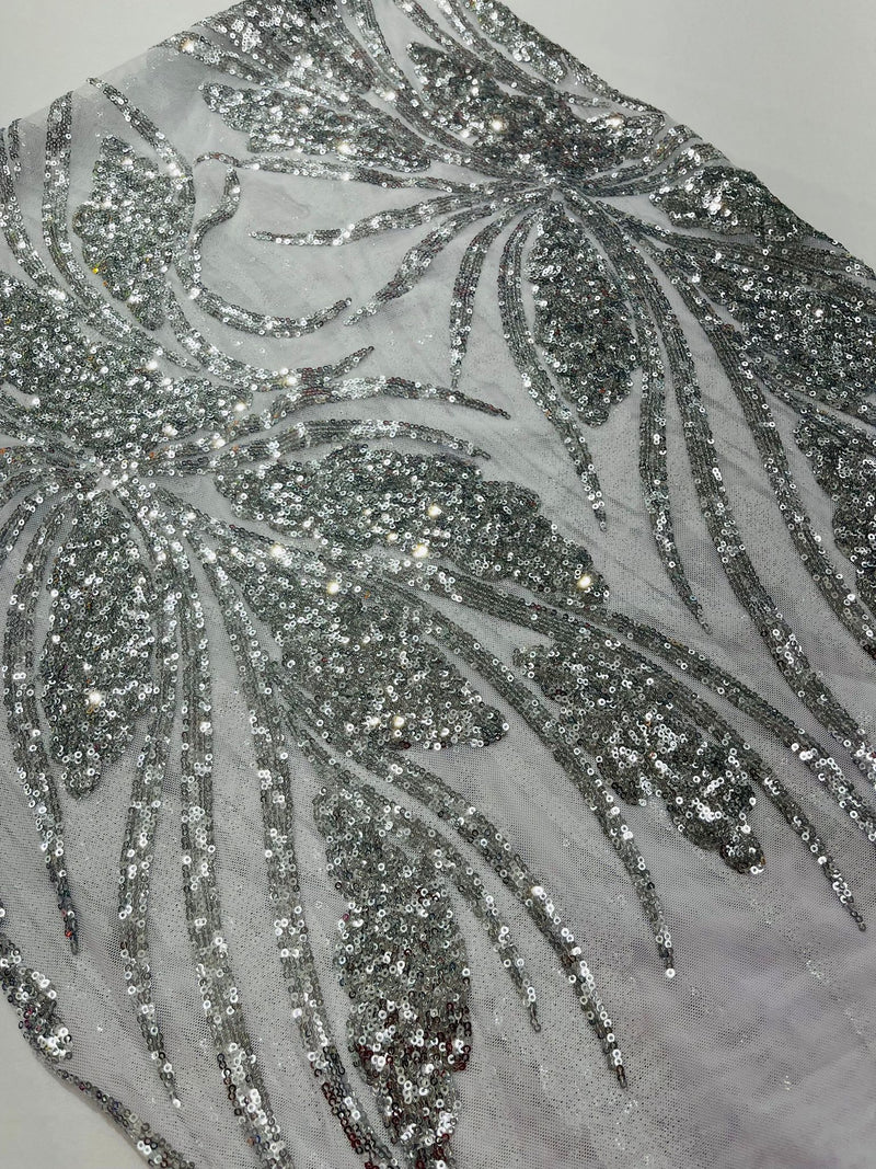 Feather damask shiny sequin design on a 4 way stretch mesh Fabric-sold by The yard.