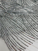 Geometric Feather wing shiny sequin design on a 4 way stretch mesh Fabric-sold by the yard.