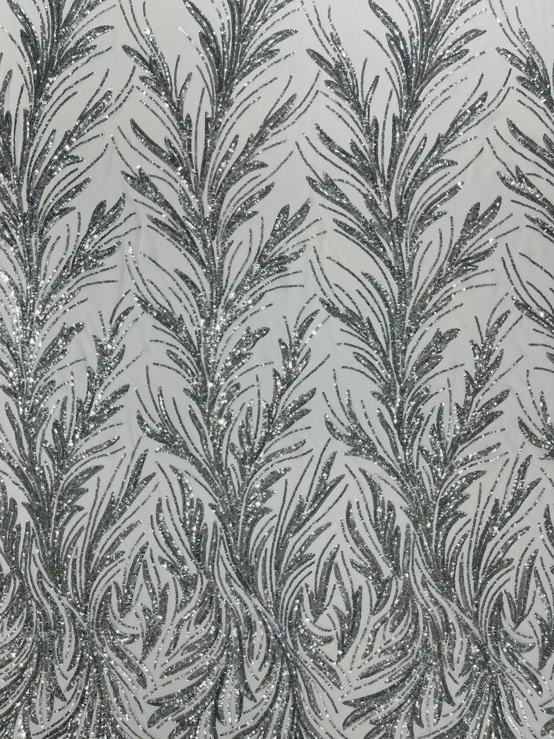 Feather Wing Shiny Sequin Design on a 4 Way Stretch mesh Fabric-Prom-Sold by The Yard.