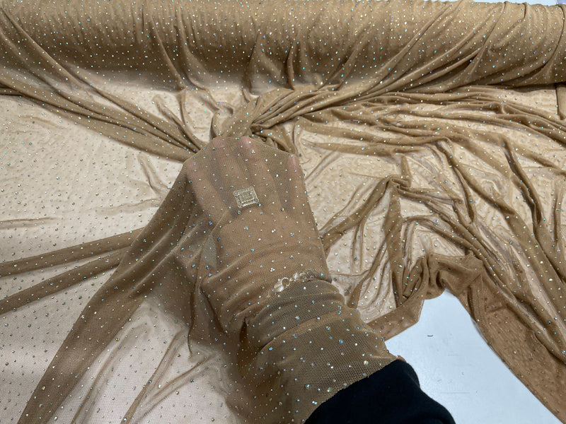 Suntan Sheer All Over AB Rhinestones On Stretch Power Mesh Fabric, Dancewear- Sold By The Yard.