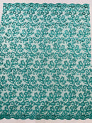 Corded french design-embroider with sequins on a mesh lace fabric-prom-nightgown-decorations-sold by the yard