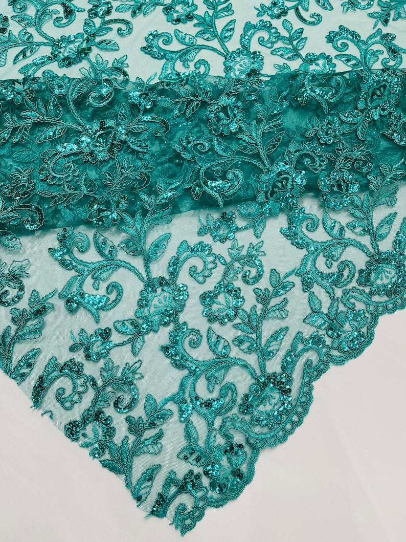 Teal Corded french design-embroider with sequins on a mesh lace fabric-prom-nightgown-decorations-sold by the yard