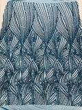 Geometric Feather wing shiny sequin design on a 4 way stretch mesh Fabric-old by the yard.