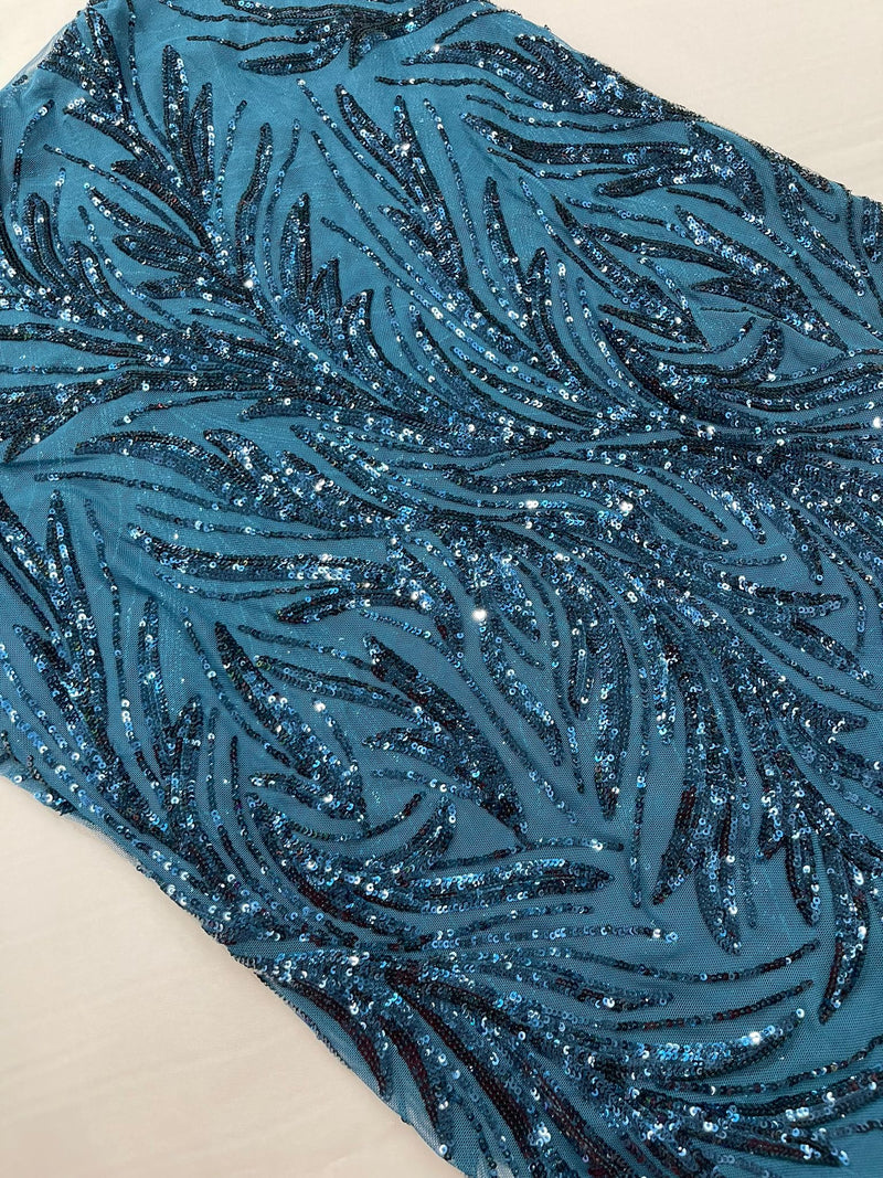 Feather Wing Shiny Sequin Design on a 4 Way Stretch mesh Fabric-Prom-Sold by The Yard.