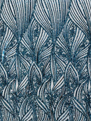 Geometric Feather wing shiny sequin design on a 4 way stretch mesh Fabric-sold by the yard.