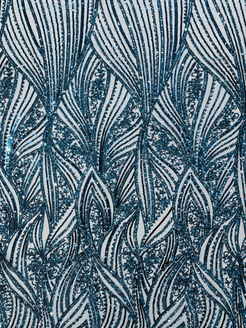 Geometric Feather wing shiny sequin design on a 4 way stretch mesh Fabric-old by the yard.