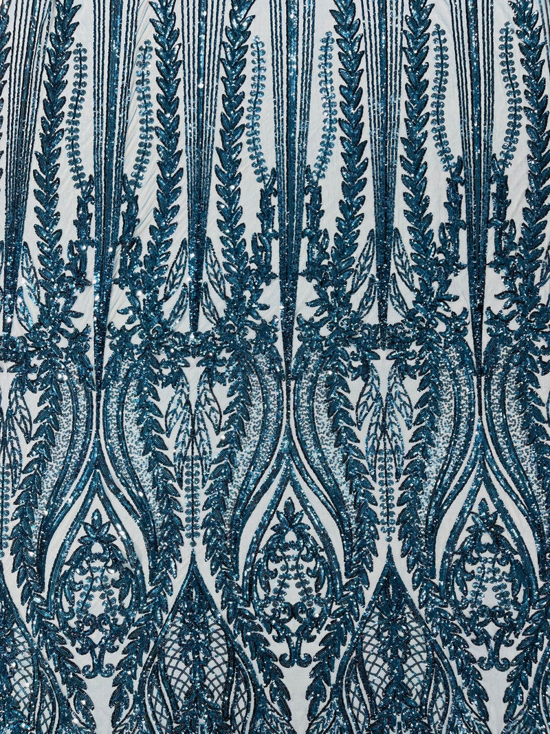 Damask design with sequins embroider on a 4 way stretch mesh fabric.