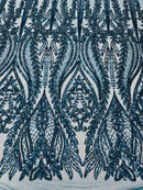 Damask design with sequins embroider on a 4 way stretch mesh fabric (By The Yard)