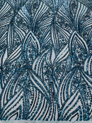 Geometric Feather wing shiny sequin design on a 4 way stretch mesh Fabric-sold by the yard.