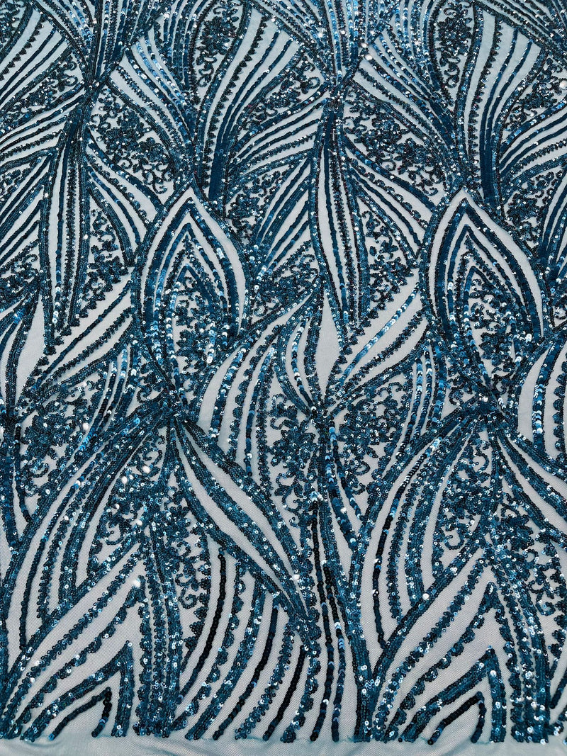 Geometric Feather wing shiny sequin design on a 4 way stretch mesh Fabric-old by the yard.