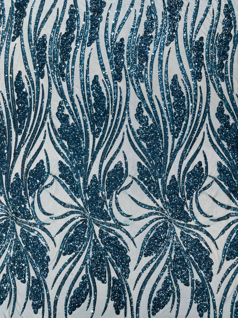 Feather damask shiny sequin design on a 4 way stretch mesh Fabric-sold by The yard.