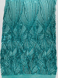 Geometric Feather wing shiny sequin design on a 4 way stretch mesh Fabric-old by the yard.