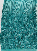 Geometric Feather wing shiny sequin design on a 4 way stretch mesh Fabric-sold by the yard.
