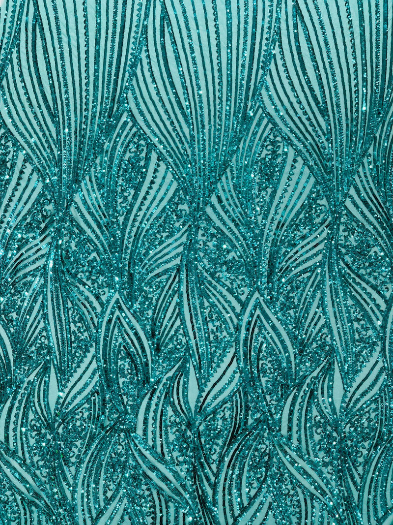 Geometric Feather wing shiny sequin design on a 4 way stretch mesh Fabric-old by the yard.