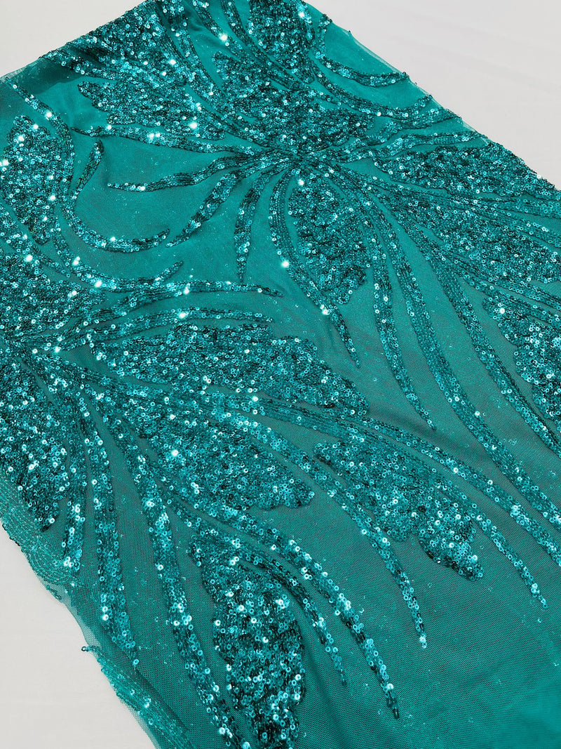 Feather damask shiny sequin design on a 4 way stretch mesh Fabric-sold by The yard.