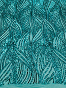 Geometric Feather wing shiny sequin design on a 4 way stretch mesh Fabric-sold by the yard.