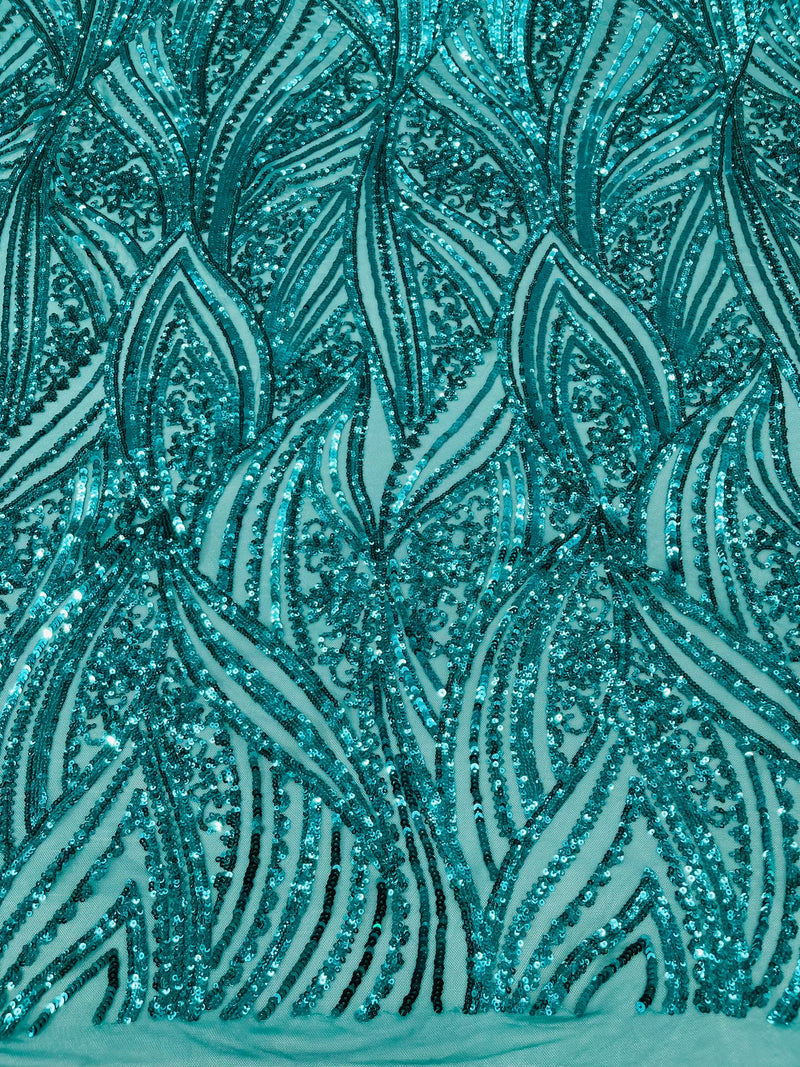 Geometric Feather wing shiny sequin design on a 4 way stretch mesh Fabric-old by the yard.