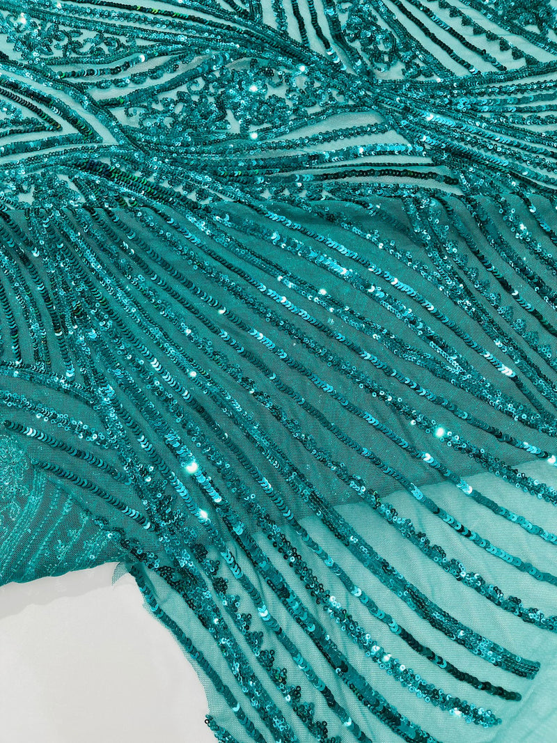 Geometric Feather wing shiny sequin design on a 4 way stretch mesh Fabric-old by the yard.