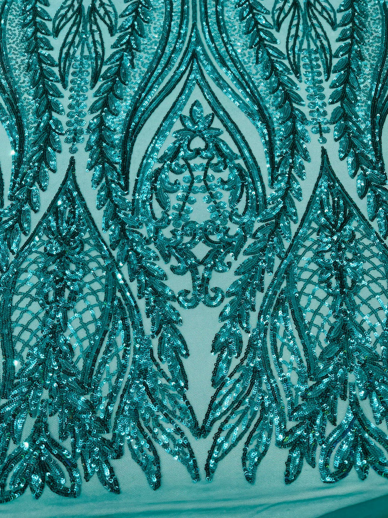 Damask design with sequins embroider on a 4 way stretch mesh fabric.