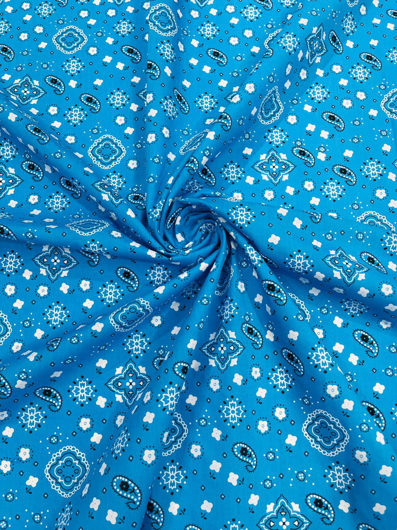 Turquoise 58/59" Wide 65% Polyester 35 percent Cotton Bandanna Print Fabric, Good for Face Mask Covers, Clothing/costume/Quilting Fabric