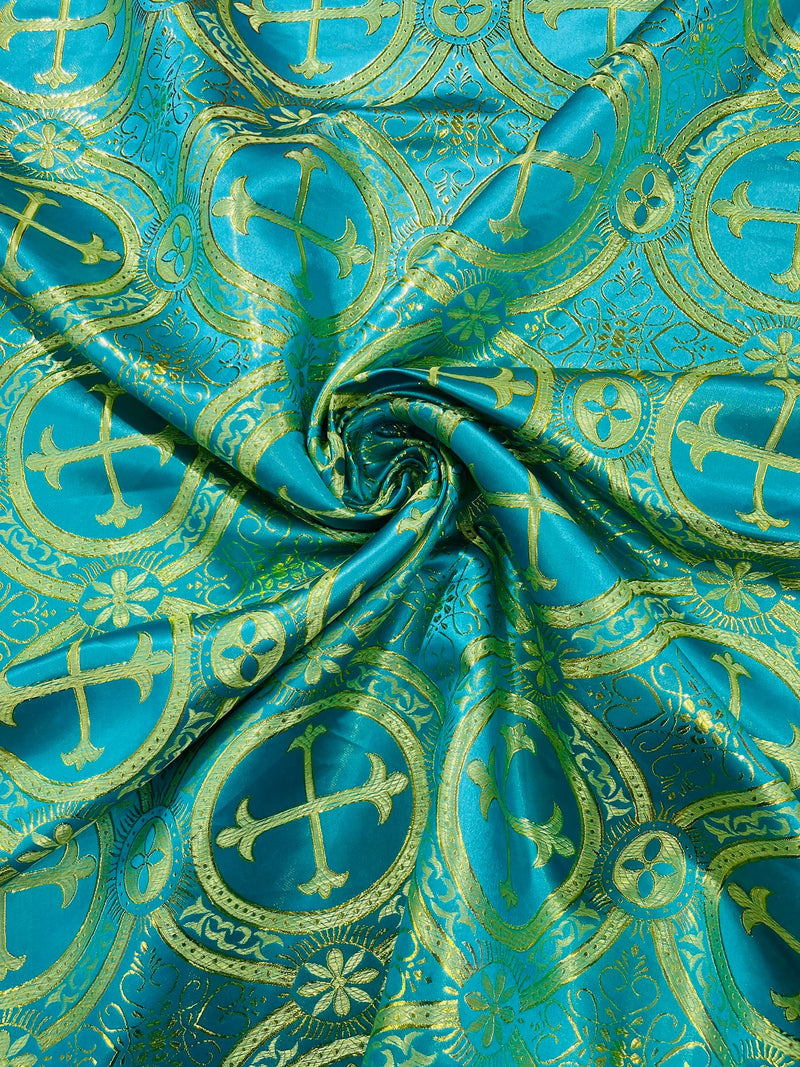 Turquoise/Gold - SQUARE METALLIC CROSS JACQUARD SATIN