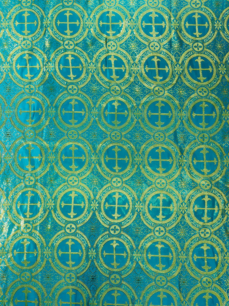 Turquoise/Gold - SQUARE METALLIC CROSS JACQUARD SATIN