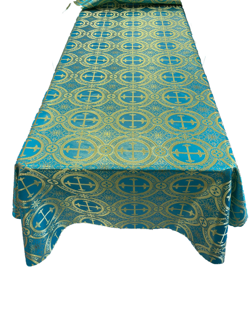 Turquoise/Gold - Rectangular Metallic Cross Brocade Jacquard Satin Tablecloth Overlay/Religious Brocade/Liturgical Fabric/Church.