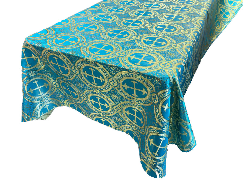 Turquoise/Gold - SQUARE METALLIC CROSS JACQUARD SATIN