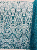 Modern Luxury Beaded Fabric Embroidered on a Mesh Lace, Sold by The Yard.
