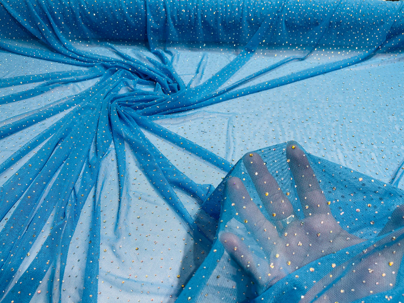 Turquoise Sheer All Over AB Rhinestones On Stretch Power Mesh Fabric, Dancewear- Sold By The Yard.