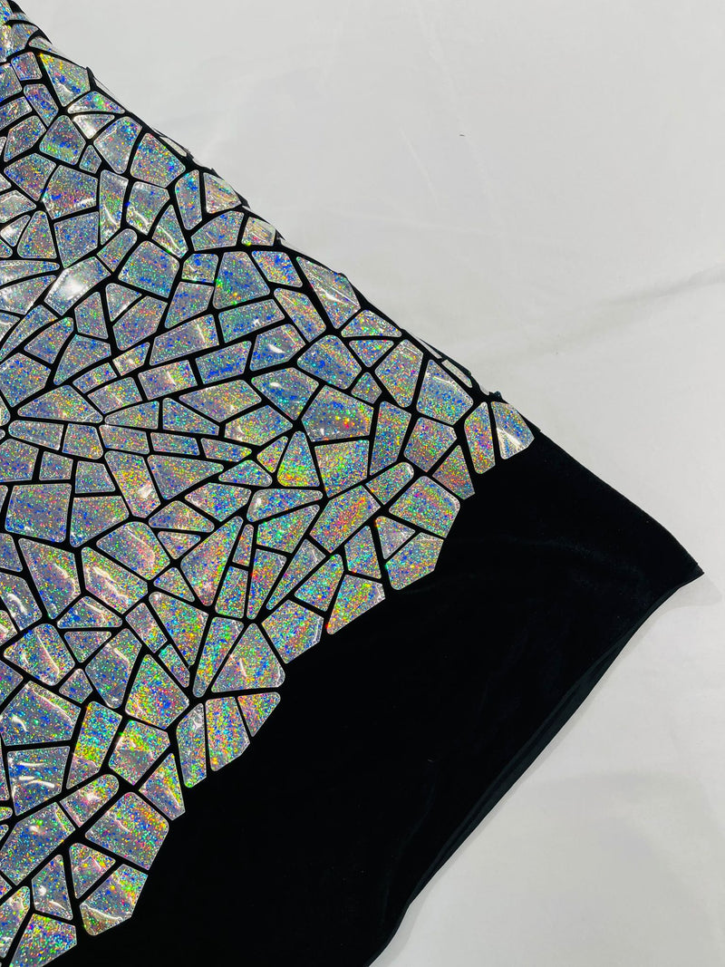 Broken Glass Sequin Design/Geometric/ On Black Stretch Velvet Fabric Sold By The Yard.