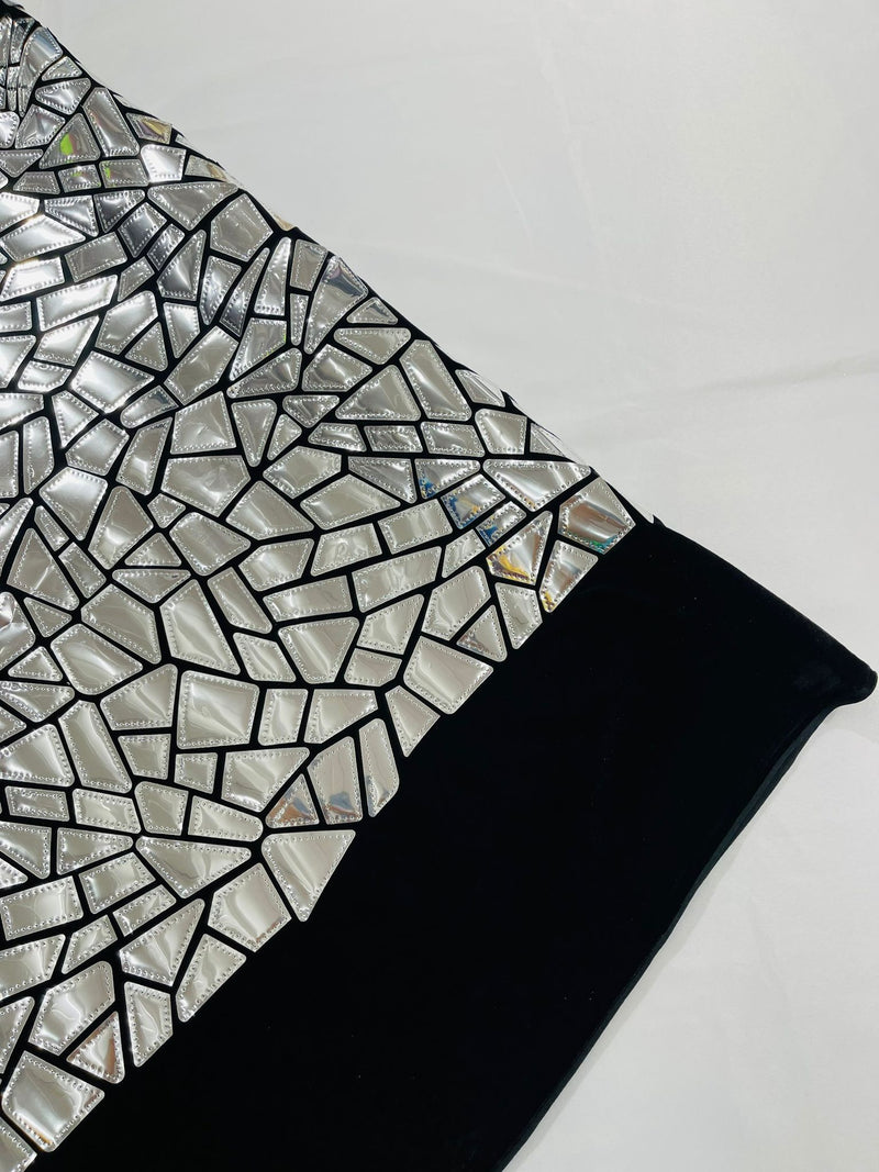 Broken Glass Sequin Design/Geometric/ On Black Stretch Velvet Fabric Sold By The Yard.