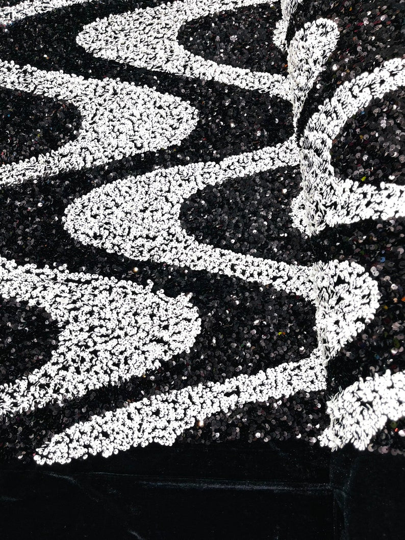 White/Black Sequin Wave Design stretch Velvet All Over Sequin.