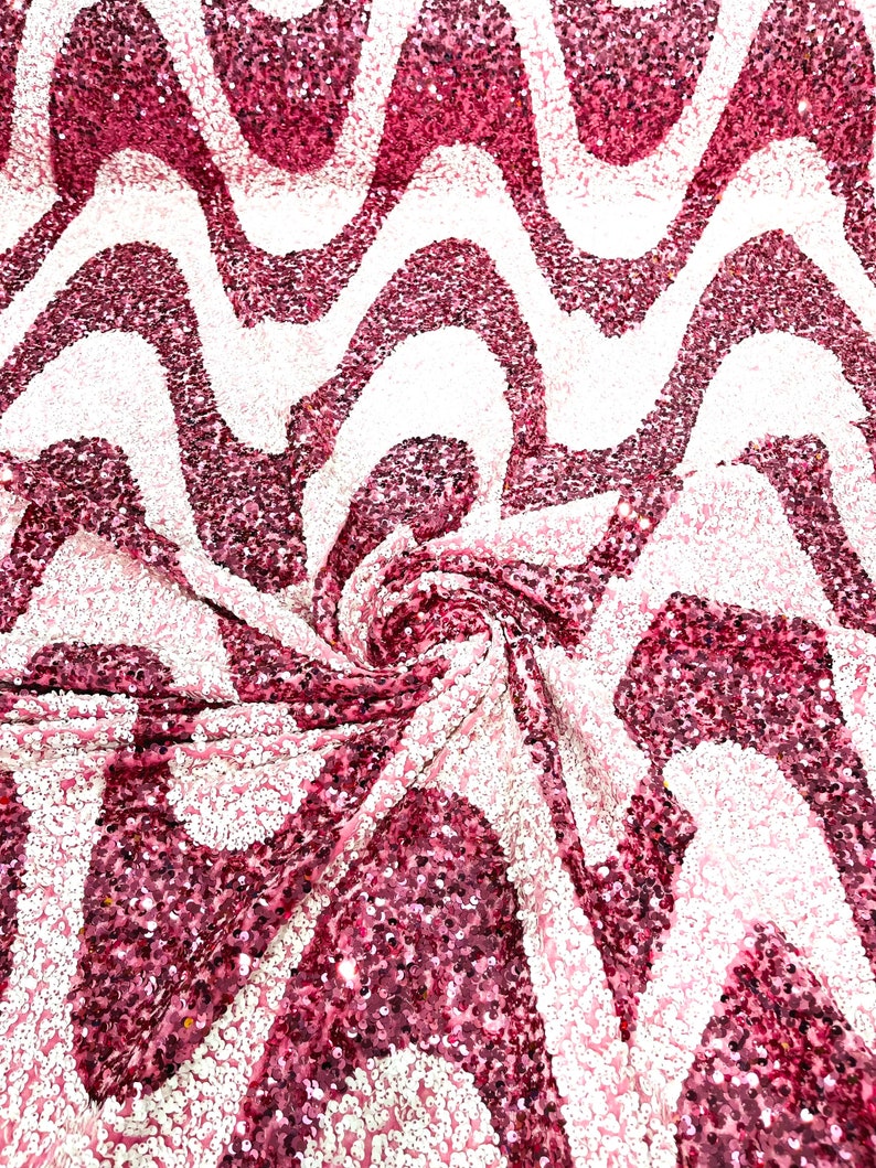 White/Dusty Rose Sequin Wave Design stretch Velvet All Over Sequin.