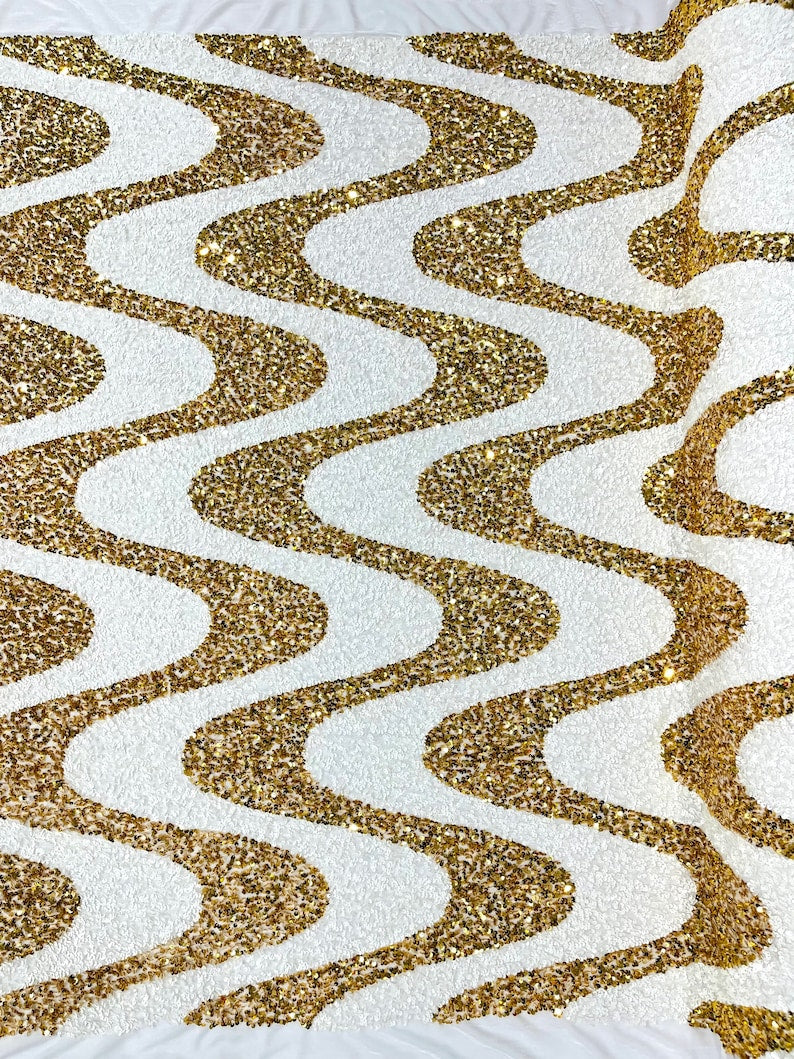White/Gold Sequin Wave Design stretch Velvet All Over Sequin.