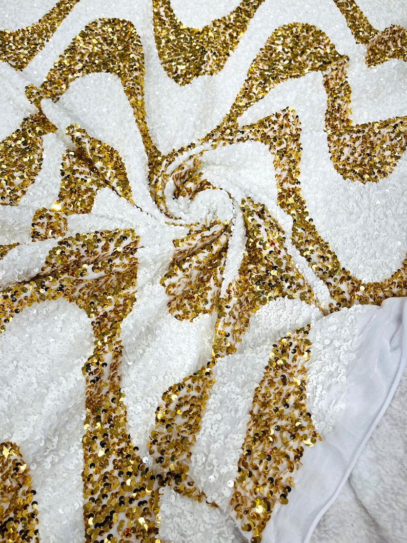White/Gold Sequin Wave Design stretch Velvet All Over Sequin.