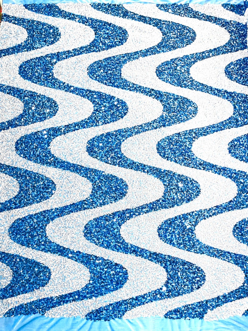 White/Light Blue Sequin Wave Design stretch Velvet All Over Sequin.