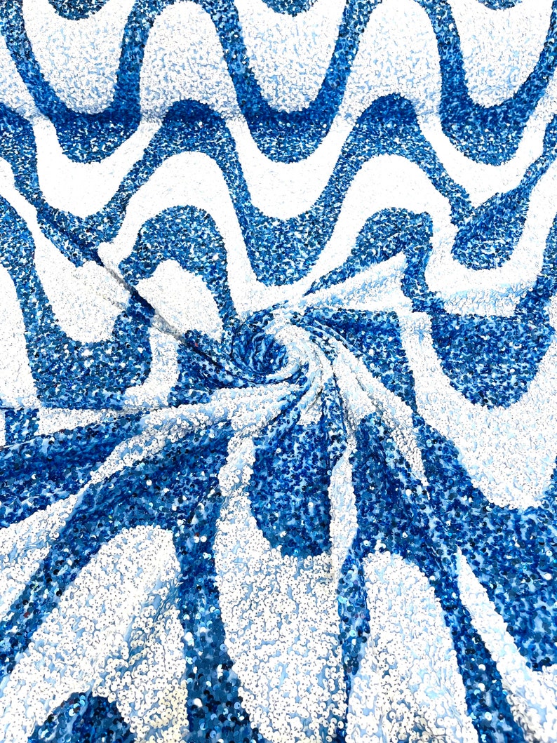 White/Light Blue Sequin Wave Design stretch Velvet All Over Sequin.