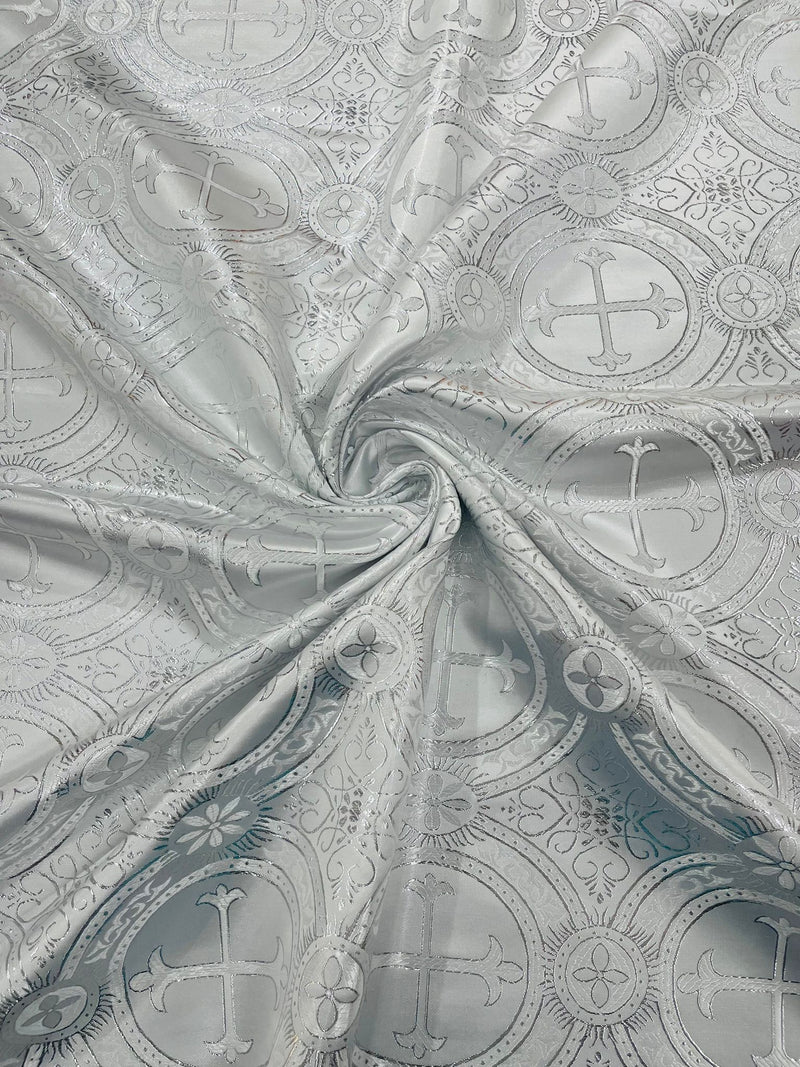 White/Silver - Rectangular Metallic Cross Brocade Jacquard Satin Tablecloth Overlay/Religious Brocade/Liturgical Fabric/Church.