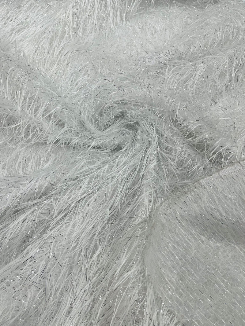 White/Silver Shaggy Jacquard Faux Ostrich/Eye Lash Feathers Fringe With Metallic Thread By The Yard