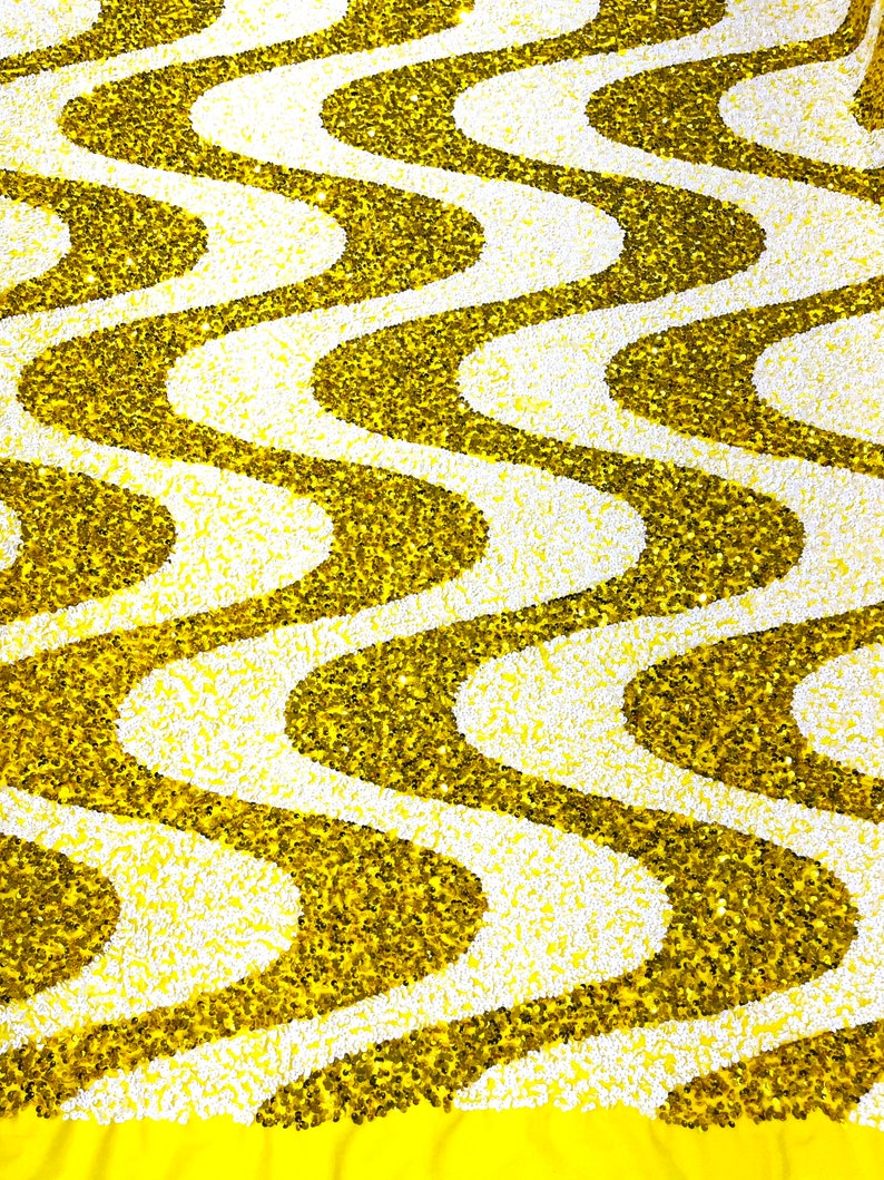 White/Yellow Sequin Wave Design stretch Velvet All Over Sequin.