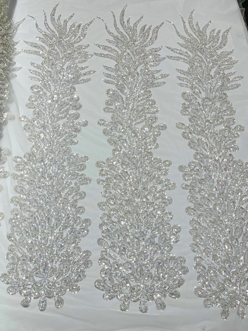 White Vegas heavy beaded and sequins feather design embroidery on a mesh fabric-Sold by the 1 Feather Panel W-12Inc x L-48Inc.