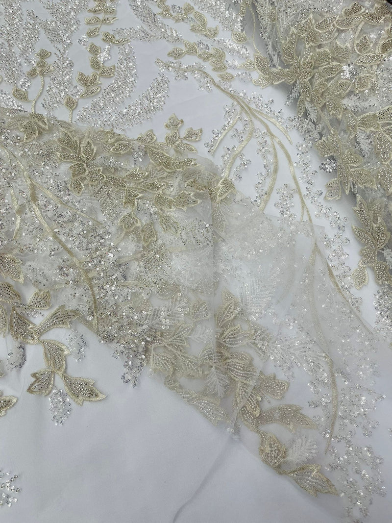 White Metallic Floral Beaded Lace Fabric /Wedding/Prom/Sequin lace Sold By The Yard.