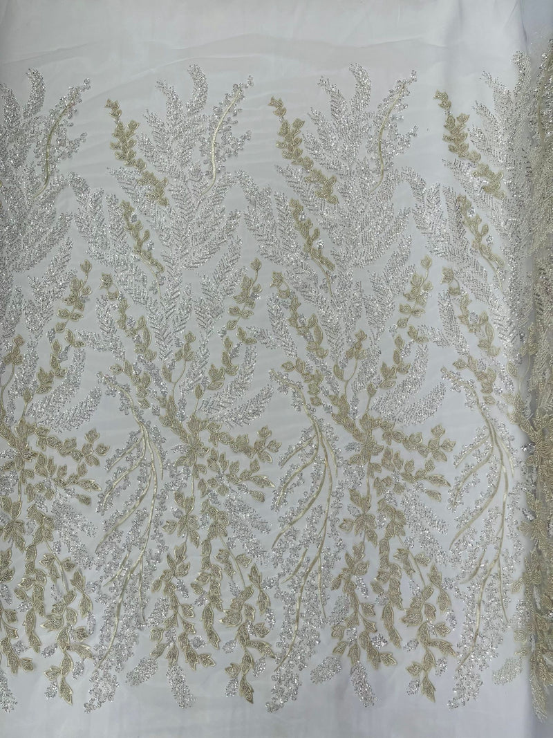 White Metallic Floral Beaded Lace Fabric /Wedding/Prom/Sequin lace Sold By The Yard.