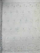 Daisy 3d floral Chiffon design embroider with pearls in a mesh lace-sold by the yard.