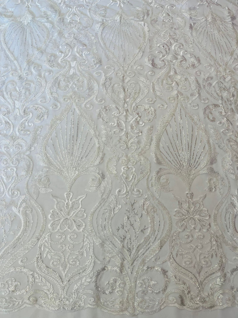 White Floral damask embroider and heavy beaded on a mesh lace fabric/wedding/Costplay