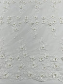 Multi Color 3D Floral Design Embroider with Pearls in a Mesh Lace Fabric -Sold by the yard.