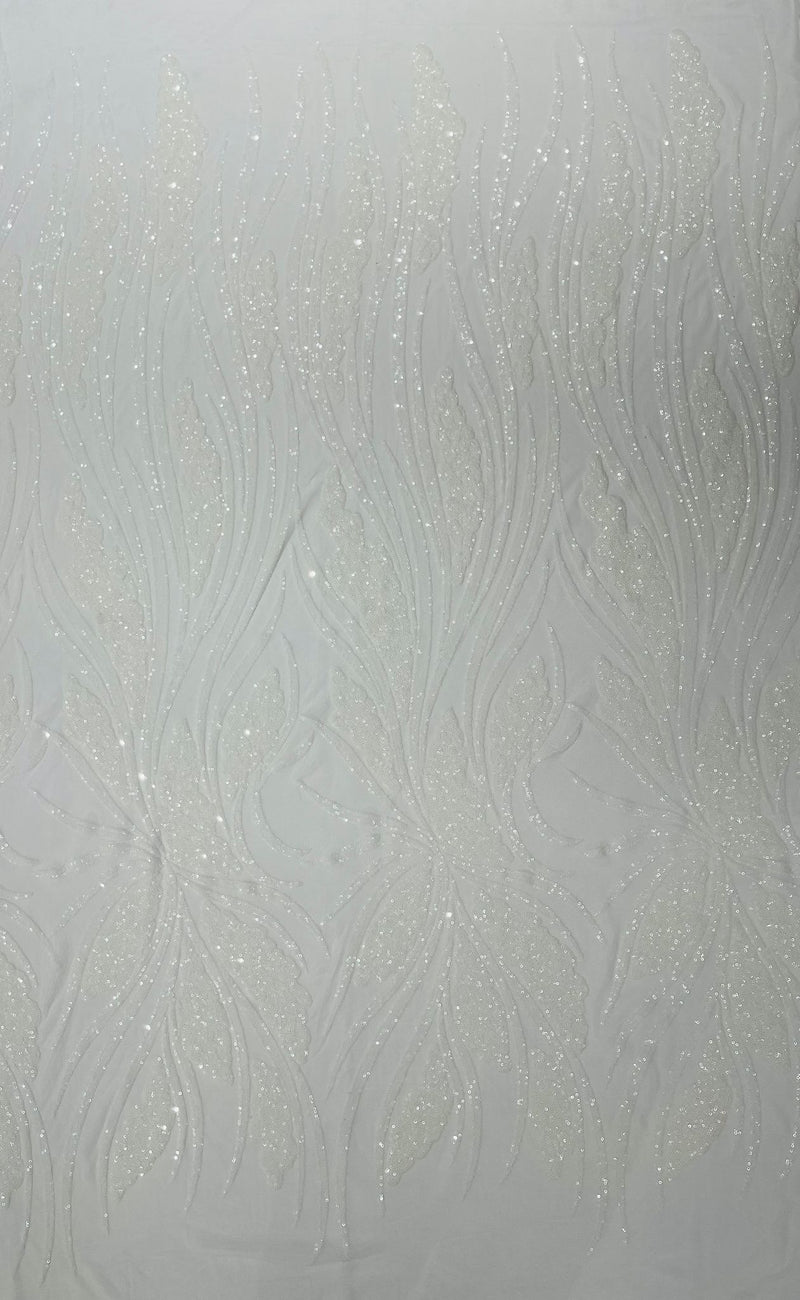 Feather damask shiny sequin design on a 4 way stretch mesh Fabric-sold by The yard.