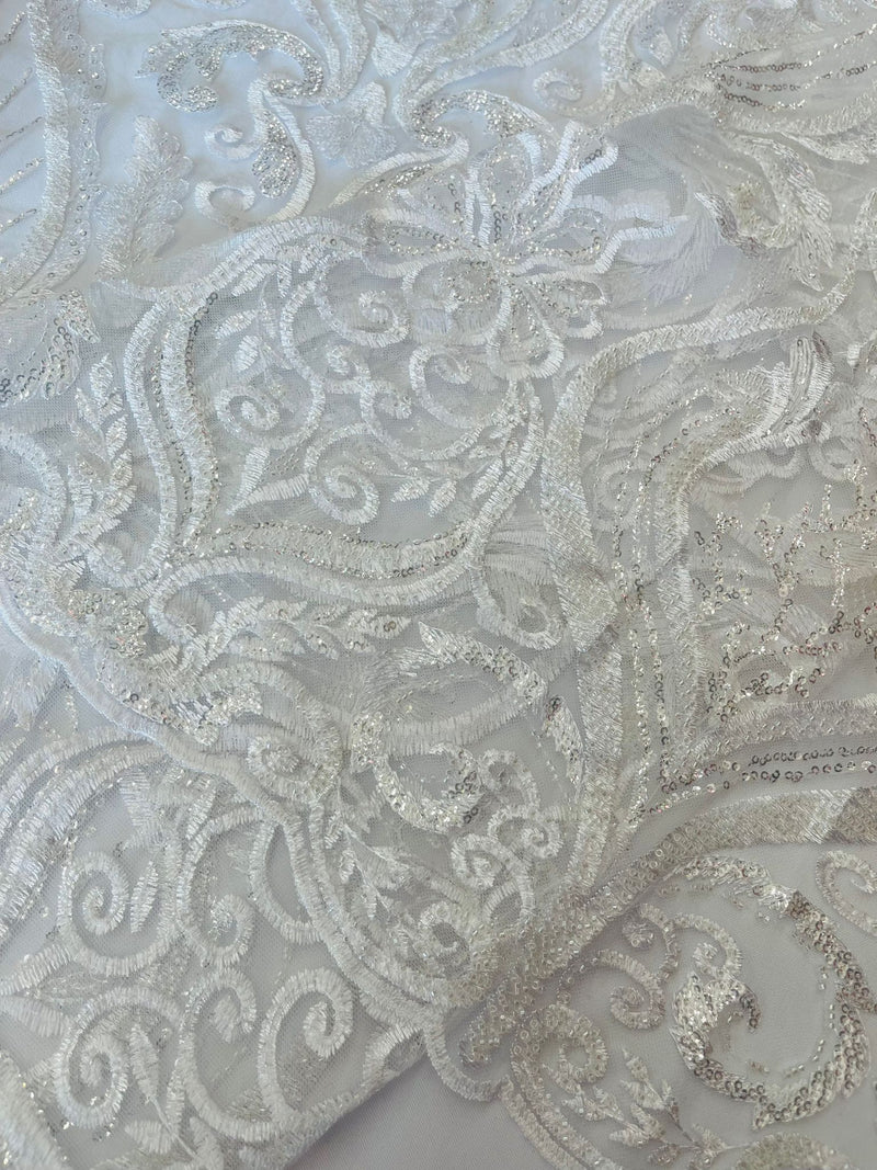 White Floral damask embroider and heavy beaded on a mesh lace fabric/wedding/Costplay